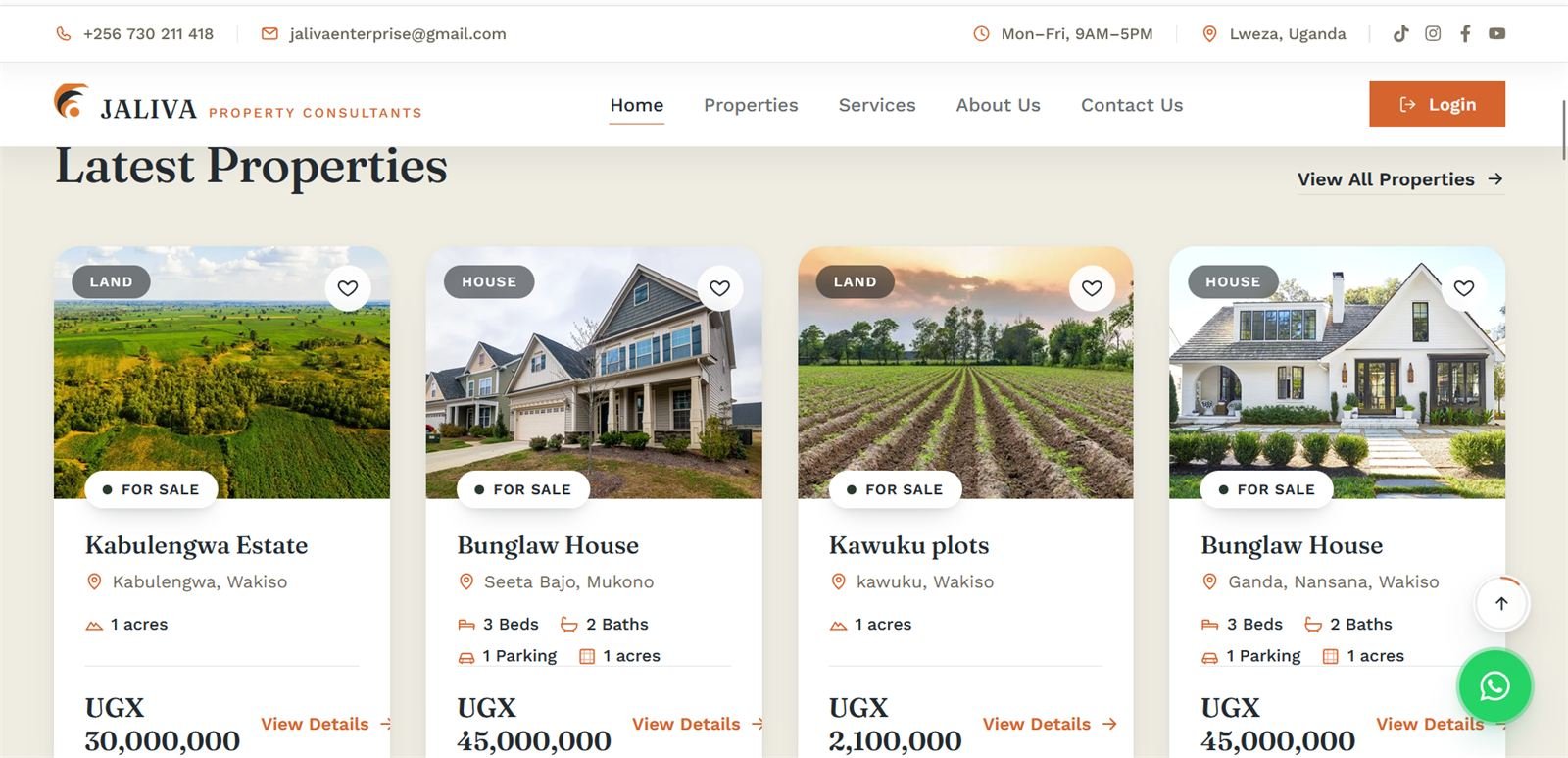 Jaliva Property Consultants website showing latest property listings