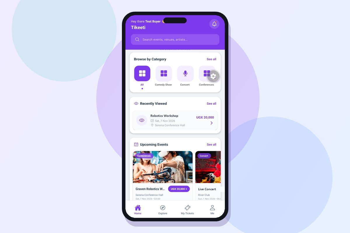 Tikeeti event ticketing app home screen showing event categories and upcoming events